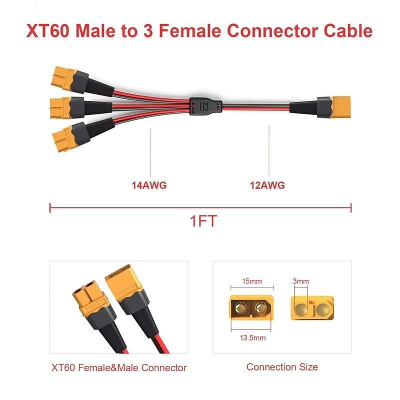 ELFCULB XT60 Splitter Cable,12AWG XT60 1 Male to 3 Female Connector Cable for UAV Phantom Quadcopter RC Car(1FT) - Image 3